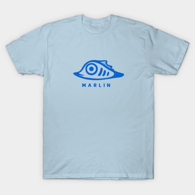 Art of a very small and cute marlin fish. Minimal style in blue ink T-Shirt by croquis design